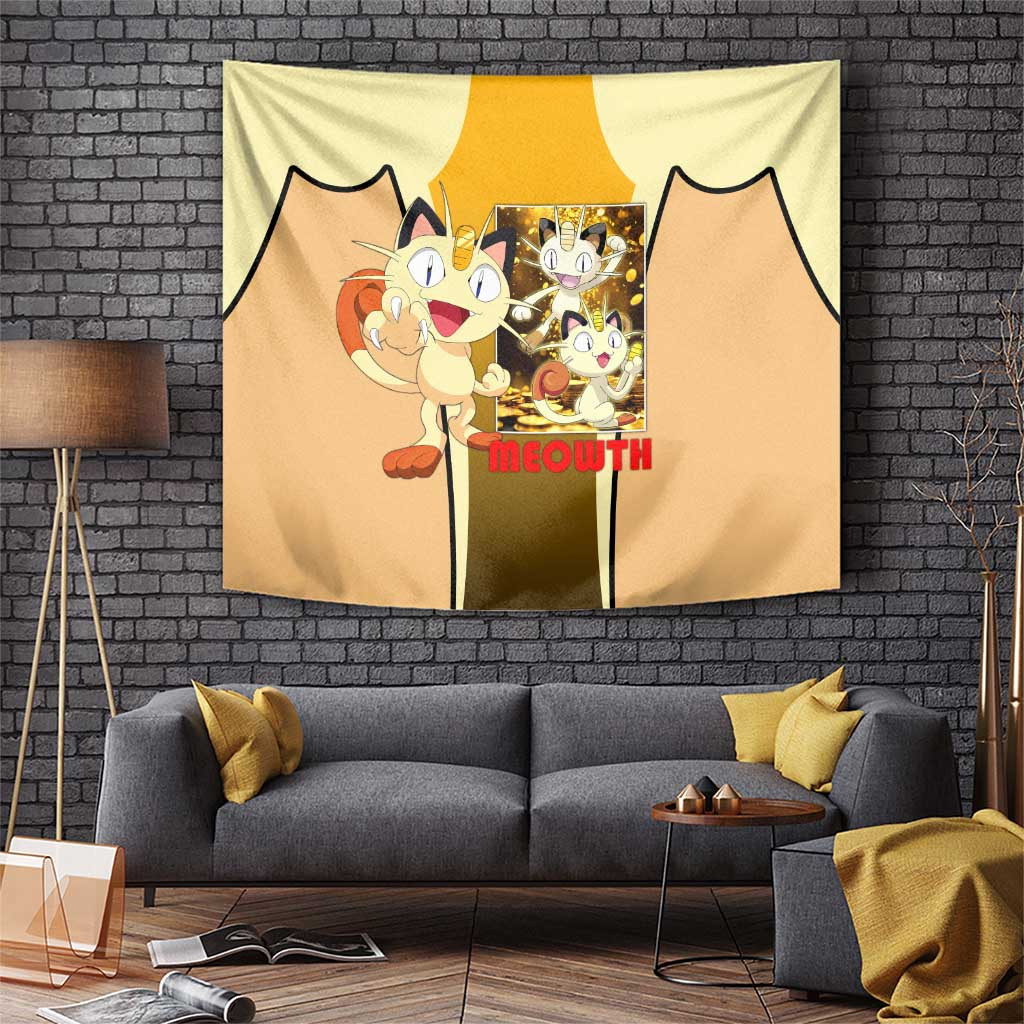 Meowth Tapestry With Coin And Gold Theme Illustration