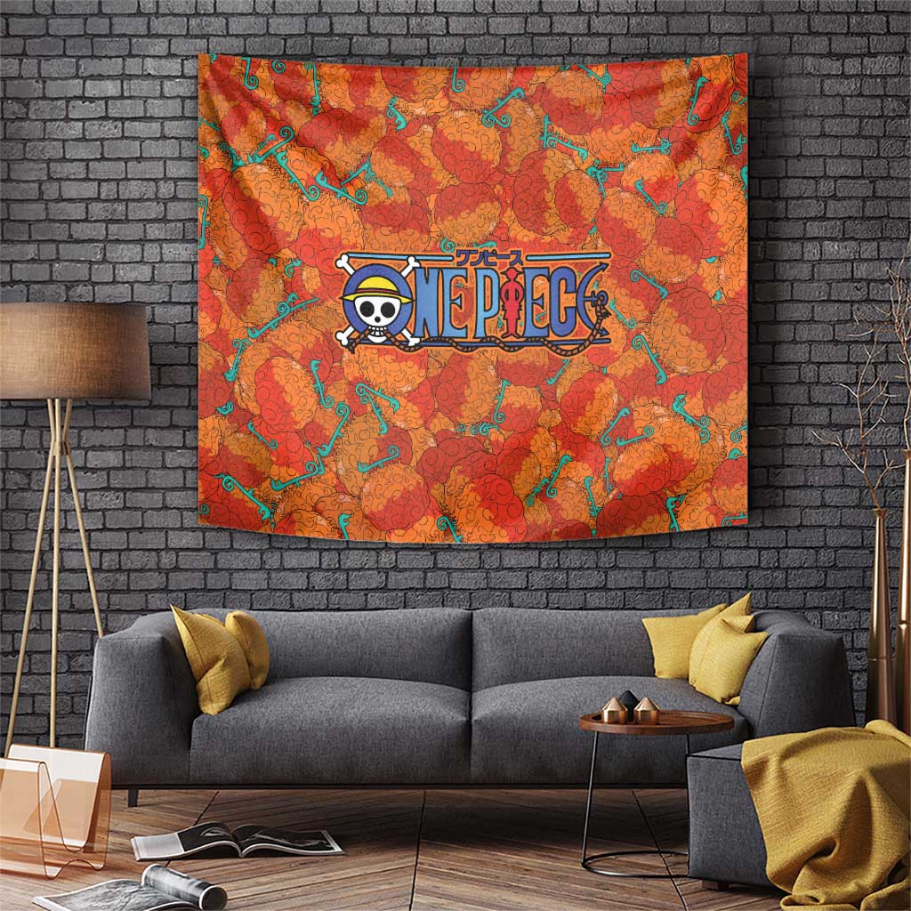 Mera Mera No Mi One Piece Tapestry With Orange Swirl Pattern And Straw Hat Pirate Logo