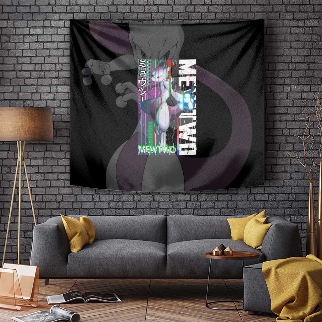 Mewtwo Poke Tapestry With Black Glitch Effect Digital Combat Style