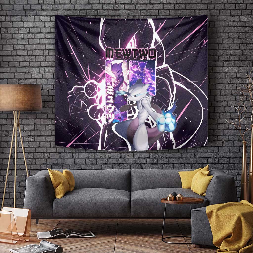 Mewtwo Poke Tapestry With Psychic Power Aura And Dual Pose Design Poke Anime