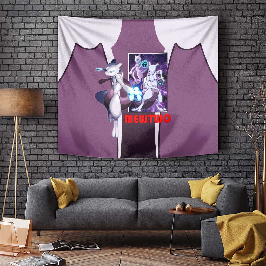 Mewtwo Psychic Type Tapestry With Shadow Ball Aura And Battle Stance Artwork
