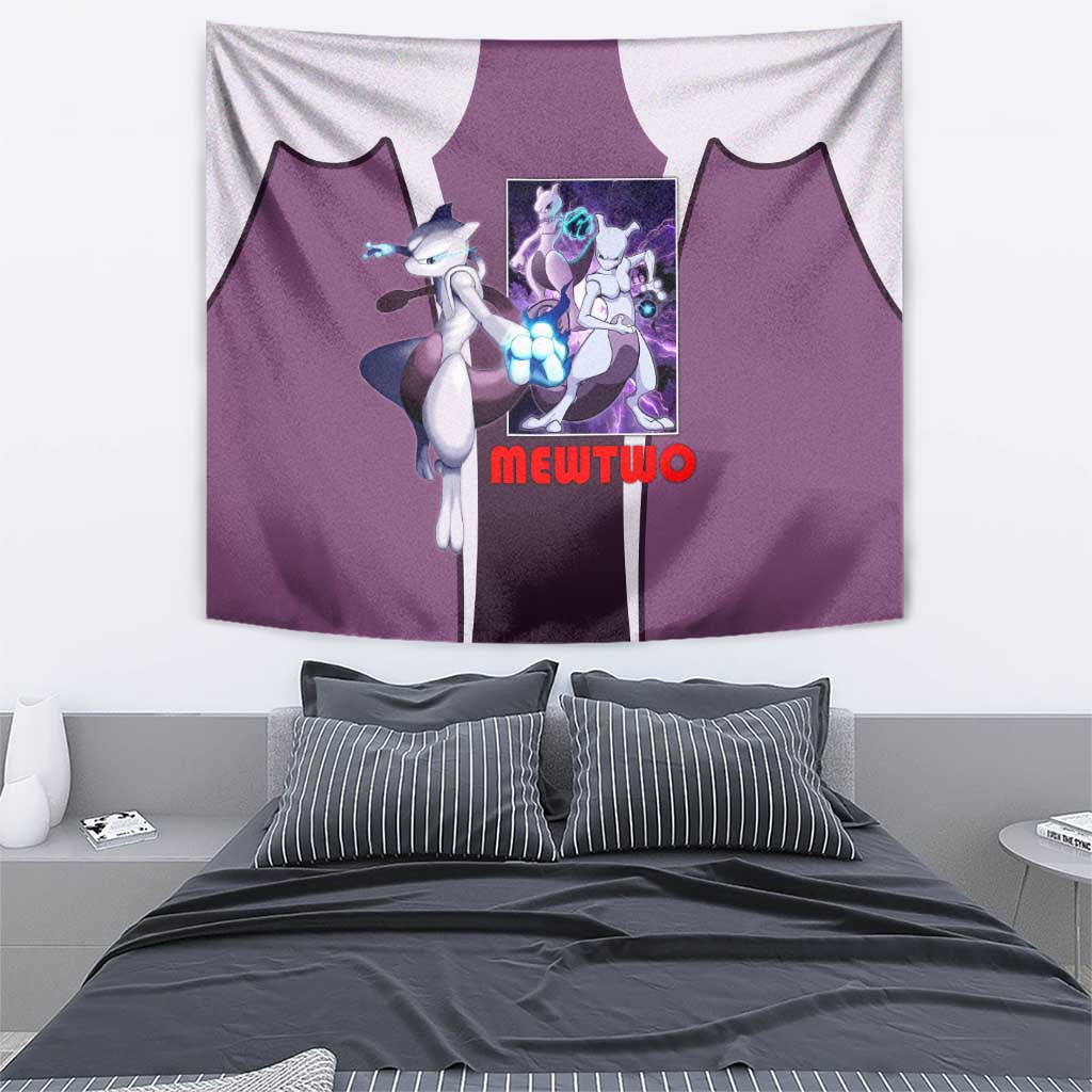 Mewtwo Psychic Type Tapestry With Shadow Ball Aura And Battle Stance Artwork