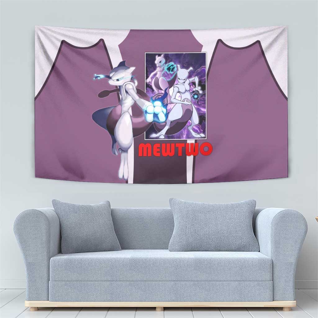 Mewtwo Psychic Type Tapestry With Shadow Ball Aura And Battle Stance Artwork