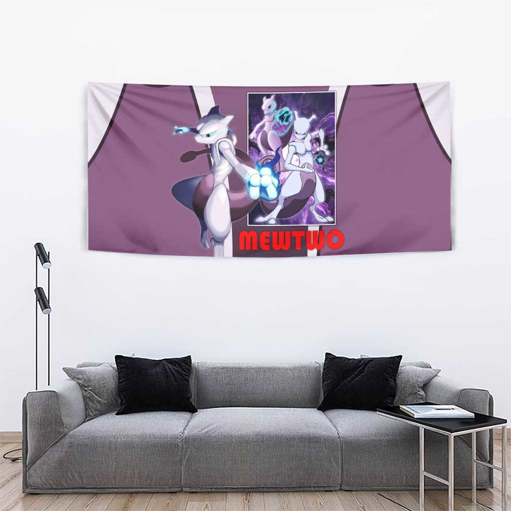 Mewtwo Psychic Type Tapestry With Shadow Ball Aura And Battle Stance Artwork