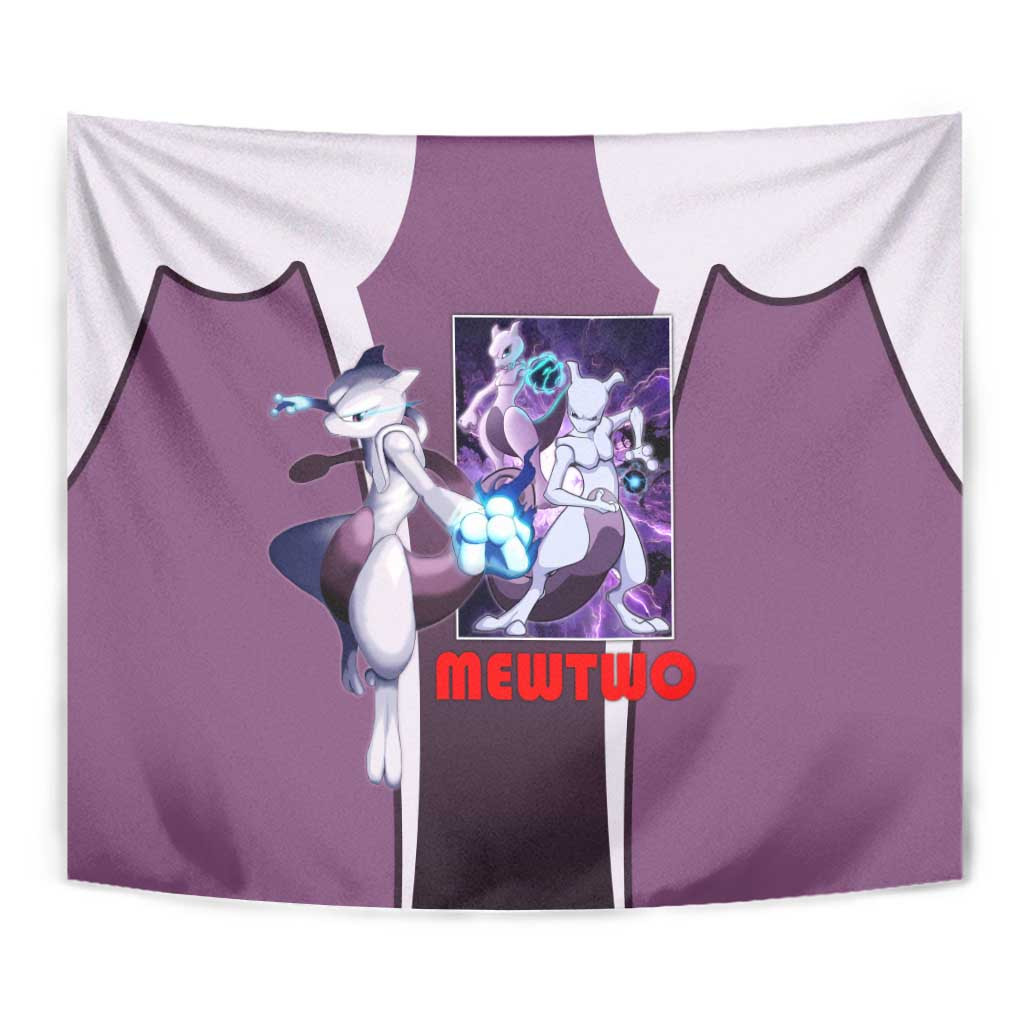 Mewtwo Psychic Type Tapestry With Shadow Ball Aura And Battle Stance Artwork