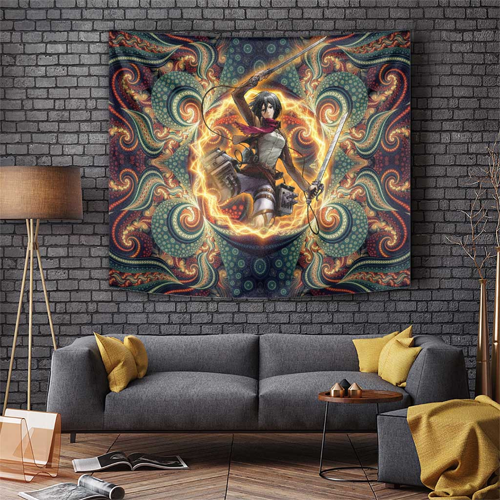Mikasa Ackerman Attack On Titan Tapestry With Swirling Golden Pattern Background