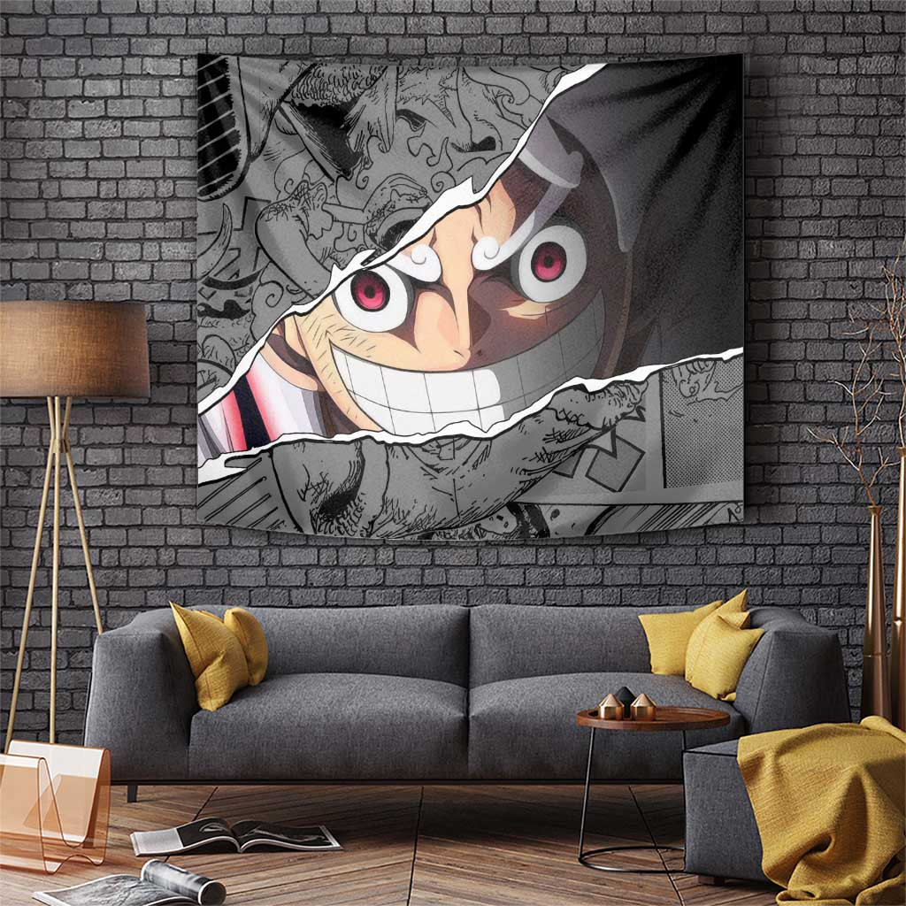 Monkey D Luffy Gear 5 Form Tapestry With Grinning Face And Smoke Swirl Design