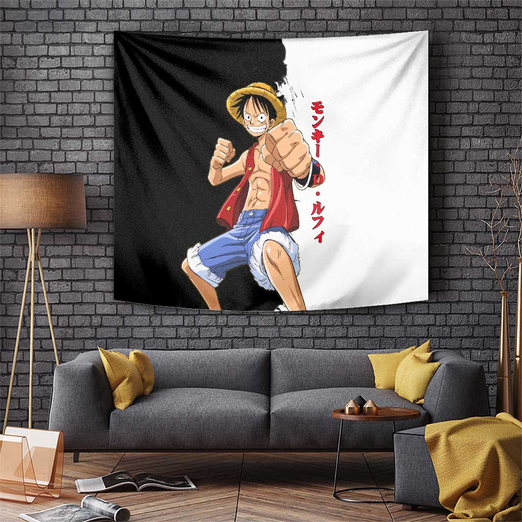 Monkey D Luffy One Piece Tapestry With Fire Fist Pose And Straw Hat Pirates Emblem