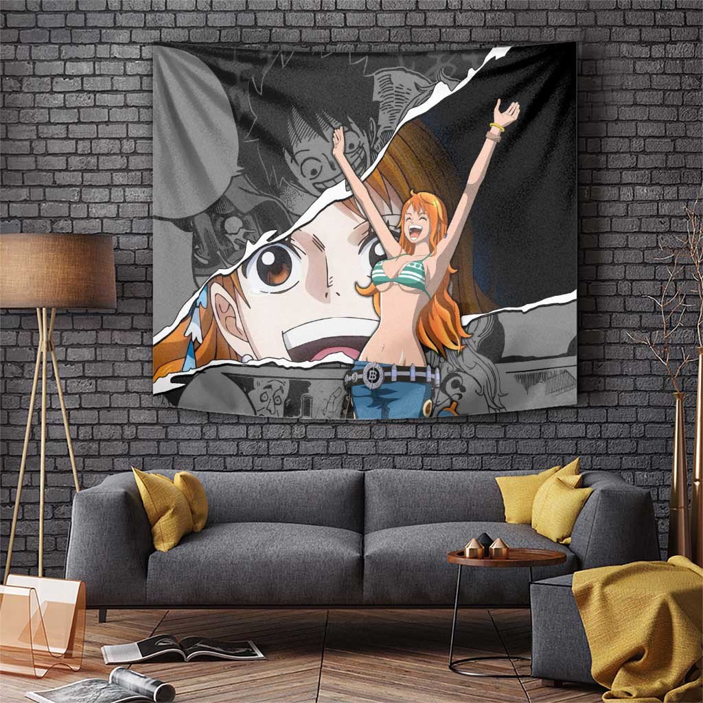 Nami One Piece Tapestry With Manga Panel Design And Orange Lettering