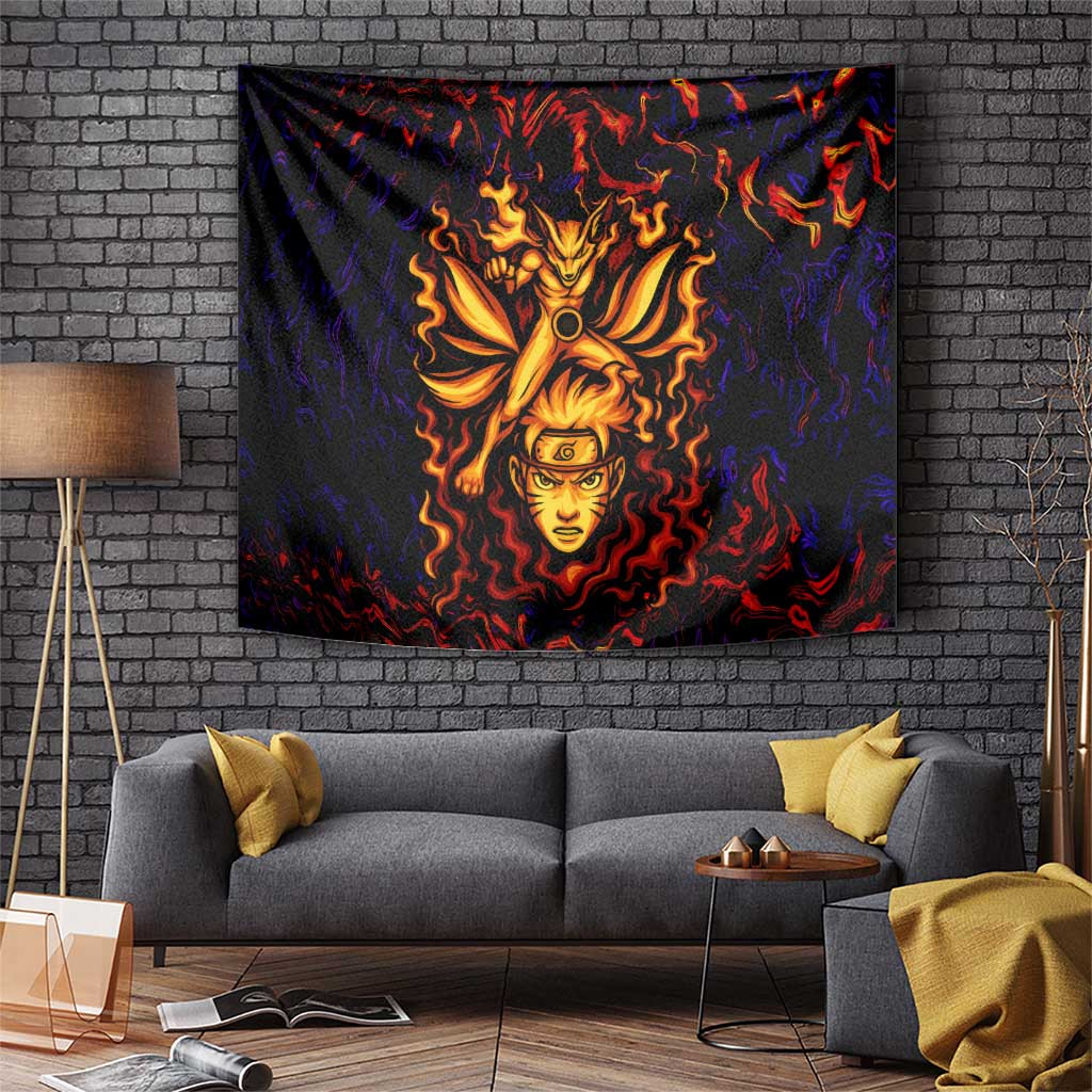 Naruto Shippuden Awakened Kurama Mode Tapestry With Fiery Red Chakra Storm Pattern