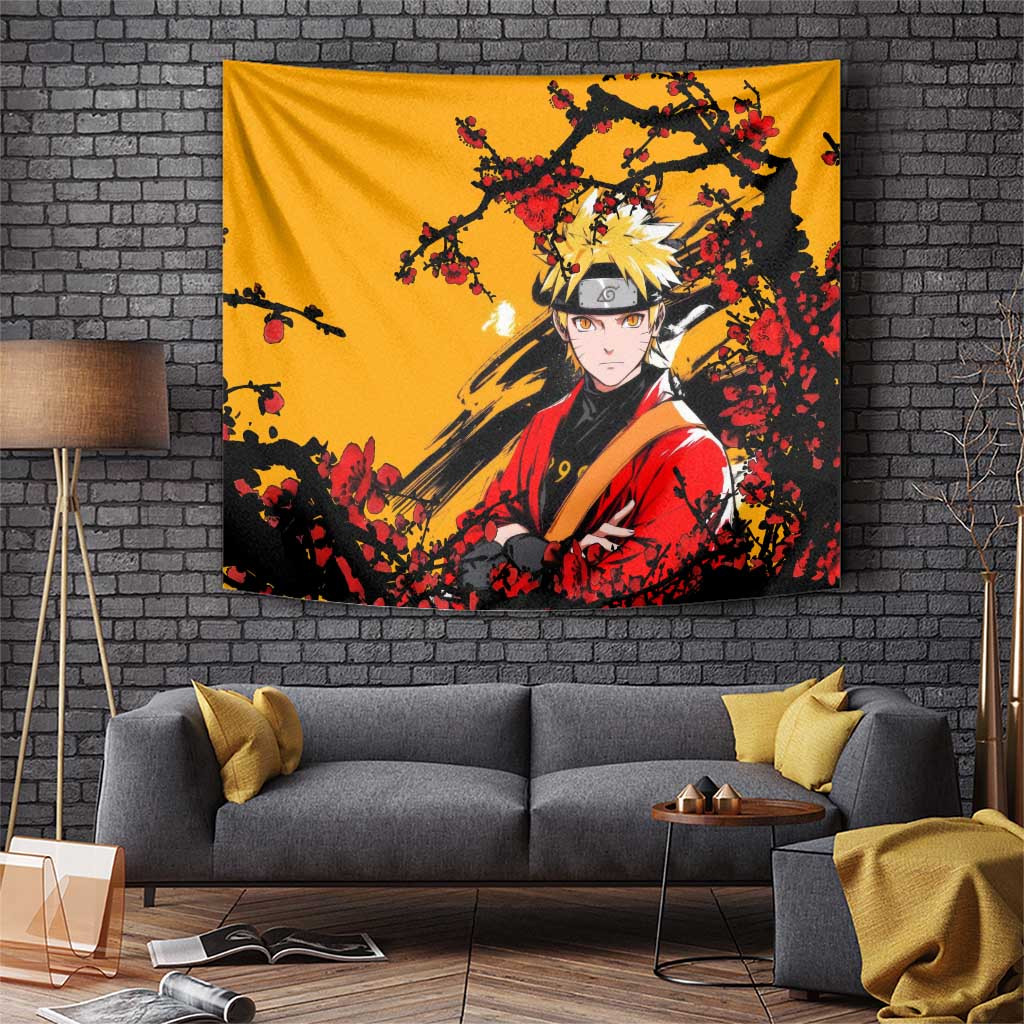Naruto Uzumaki Kurama Mode Tapestry With Crimson Sakura And Yellow Sage Chakra