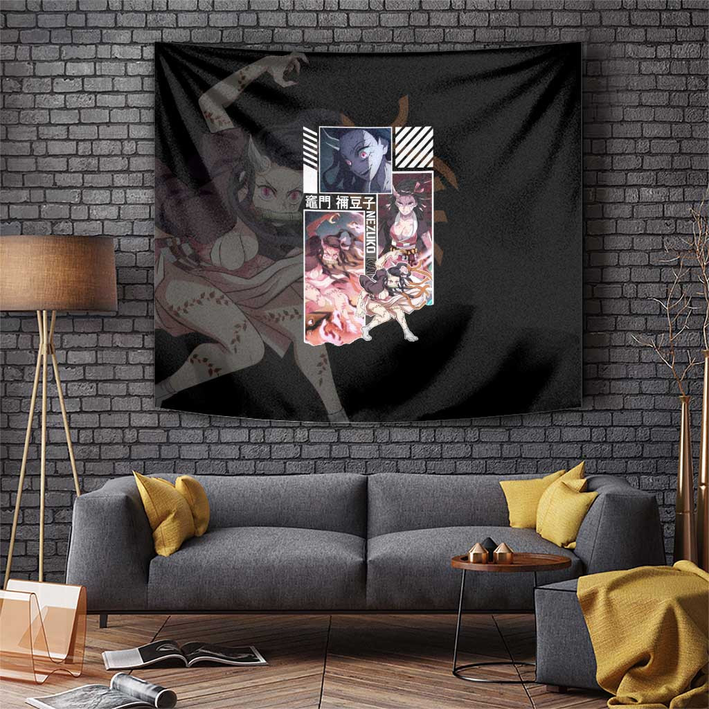 Nezuko Kamado Demon Slayer Tapestry With Black Combat Pose And Manga Panel Design