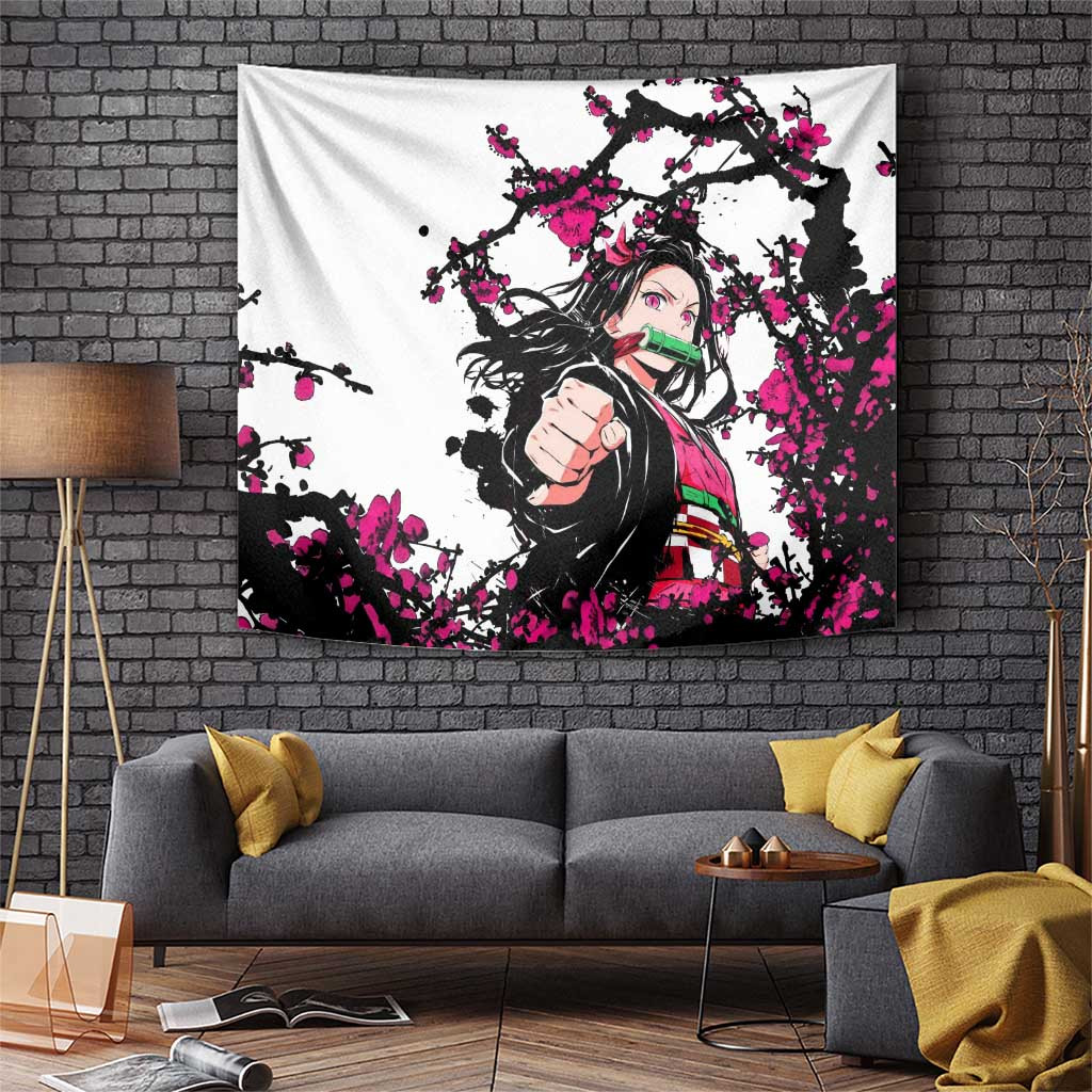 Nezuko Kamado Demon Slayer Tapestry With Pink Sakura And Demon Slayer Anime Design