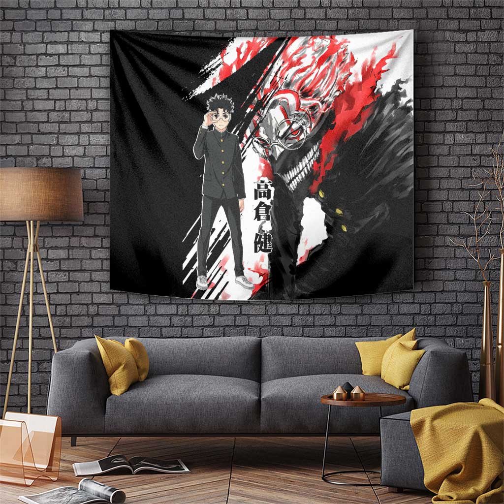 Okarun Dandadan Tapestry With Evil Spirit Flames And Split Design Black Red