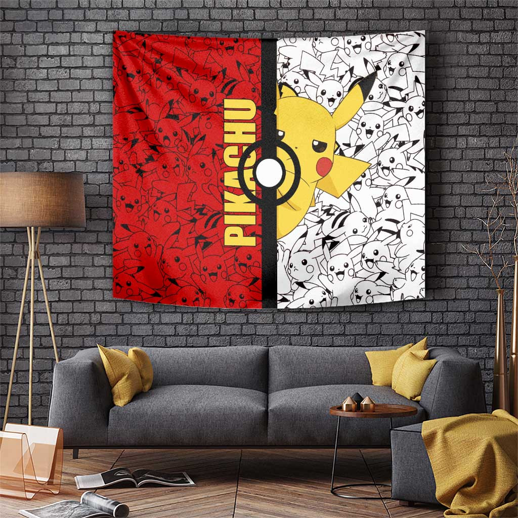 Pikachu Poke Tapestry Red And White Split Design Graphic