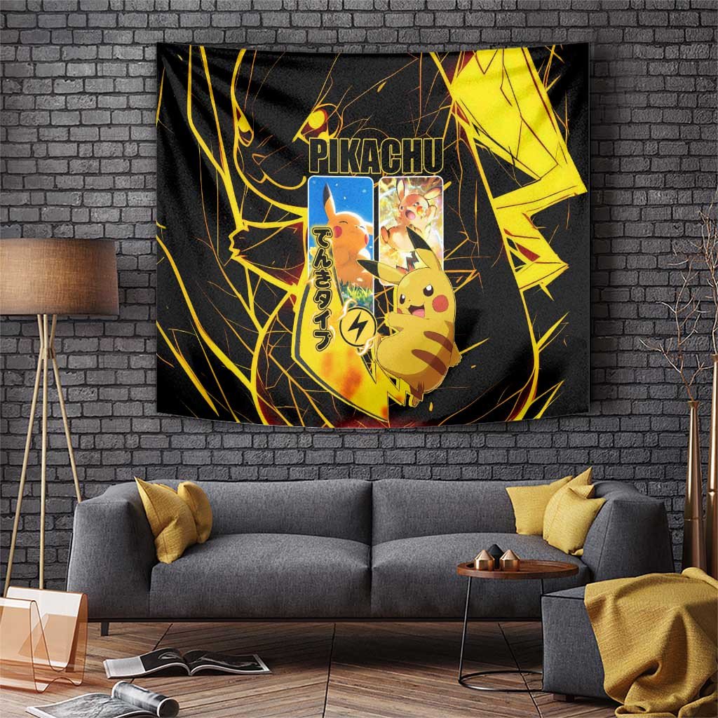 Pikachu Poke Tapestry With Yellow Lightning Graphic Black Anime