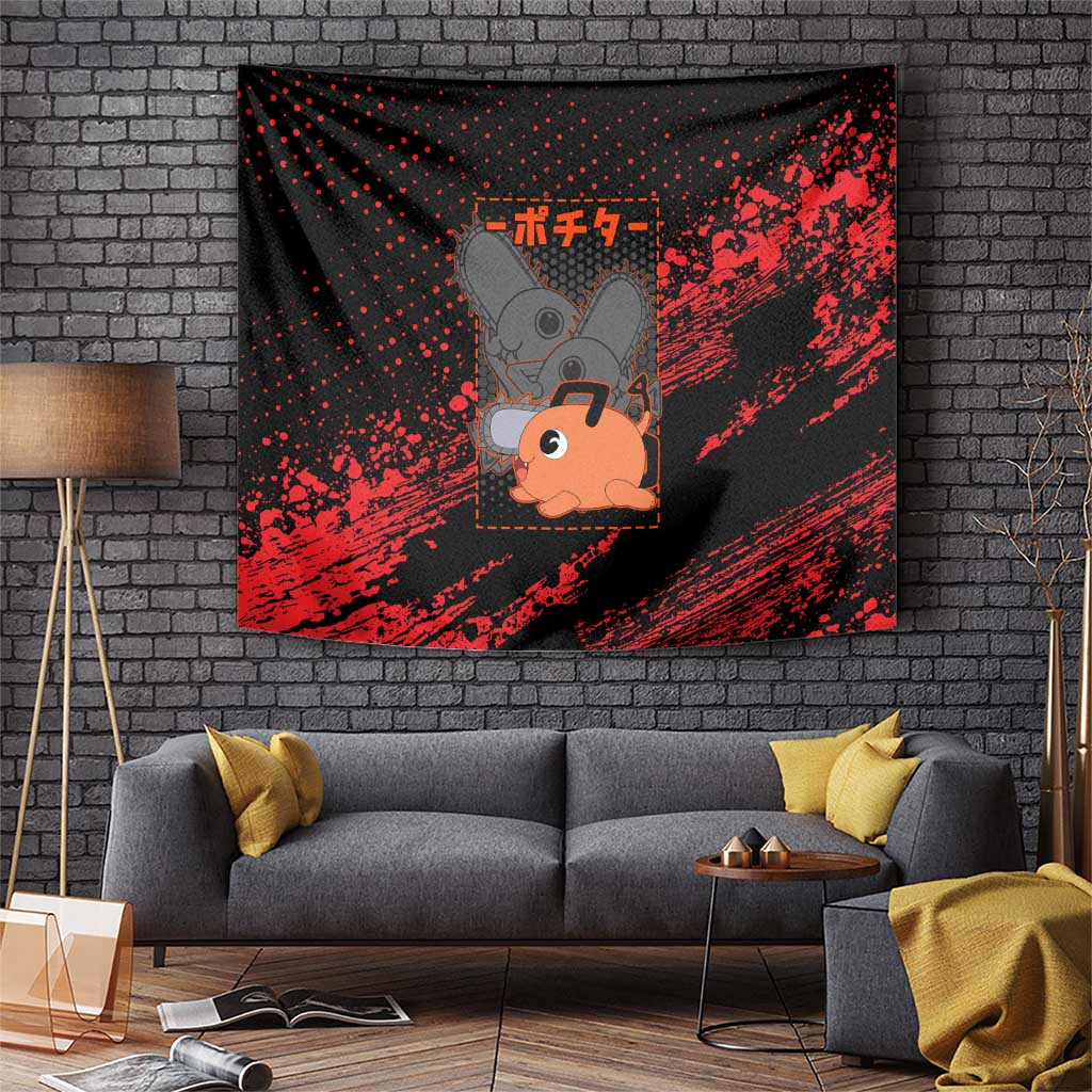 Pochita Chainsaw Man Devil Form Tapestry With Splatter Black Red Graphic Style
