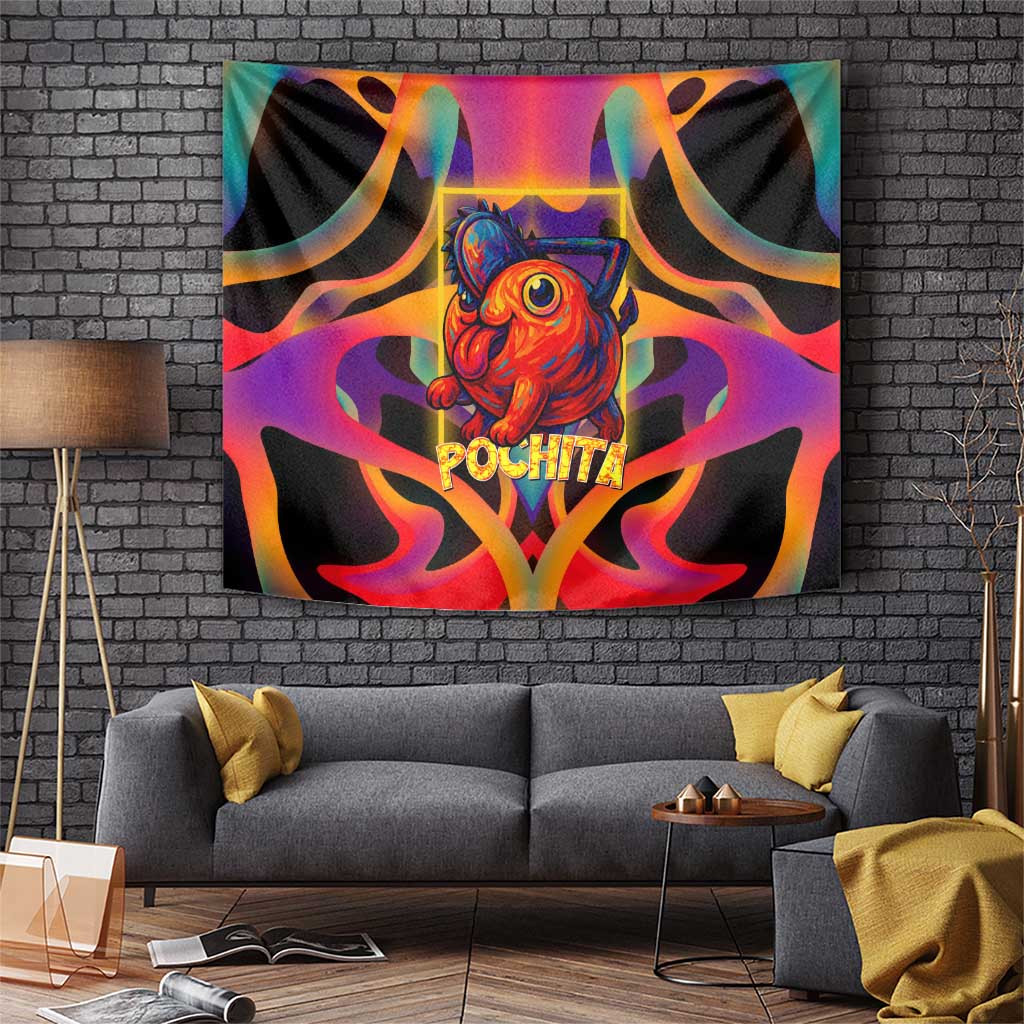 Pochita Chainsaw Man Tapestry With Neon Orange Multicolor Abstract Flame