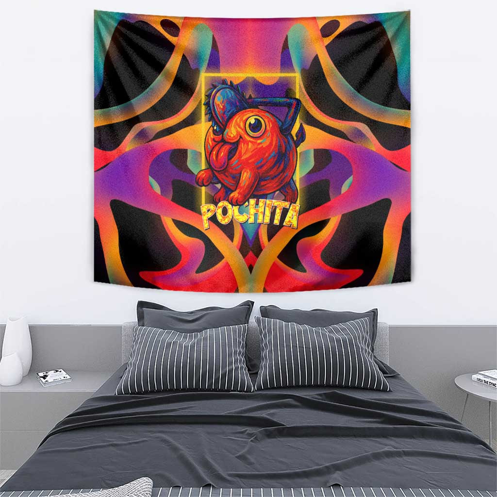 Pochita Chainsaw Man Tapestry With Neon Orange Multicolor Abstract Flame
