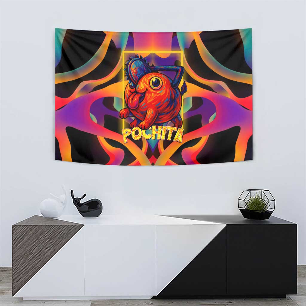Pochita Chainsaw Man Tapestry With Neon Orange Multicolor Abstract Flame