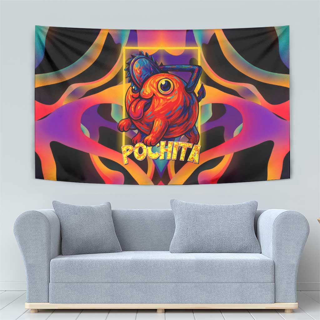 Pochita Chainsaw Man Tapestry With Neon Orange Multicolor Abstract Flame