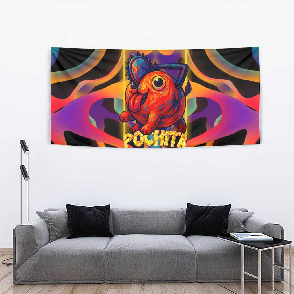 Pochita Chainsaw Man Tapestry With Neon Orange Multicolor Abstract Flame