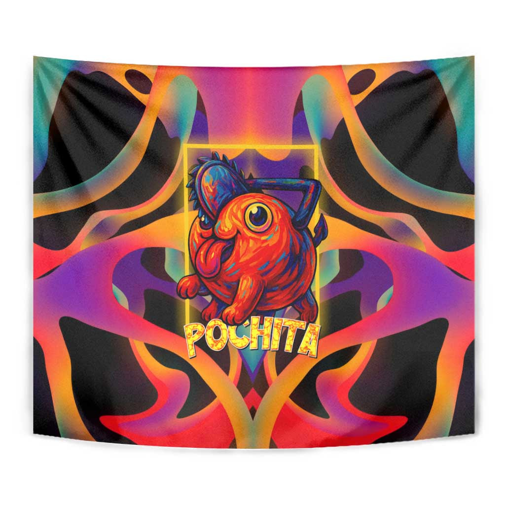 Pochita Chainsaw Man Tapestry With Neon Orange Multicolor Abstract Flame