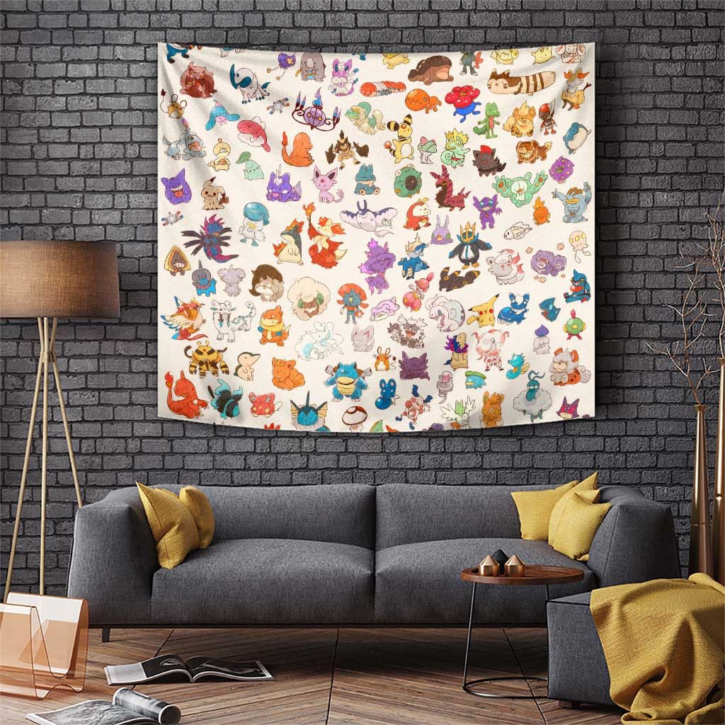 Poke Kawaii Chibi All Over Print Tapestry With Creamy White Background