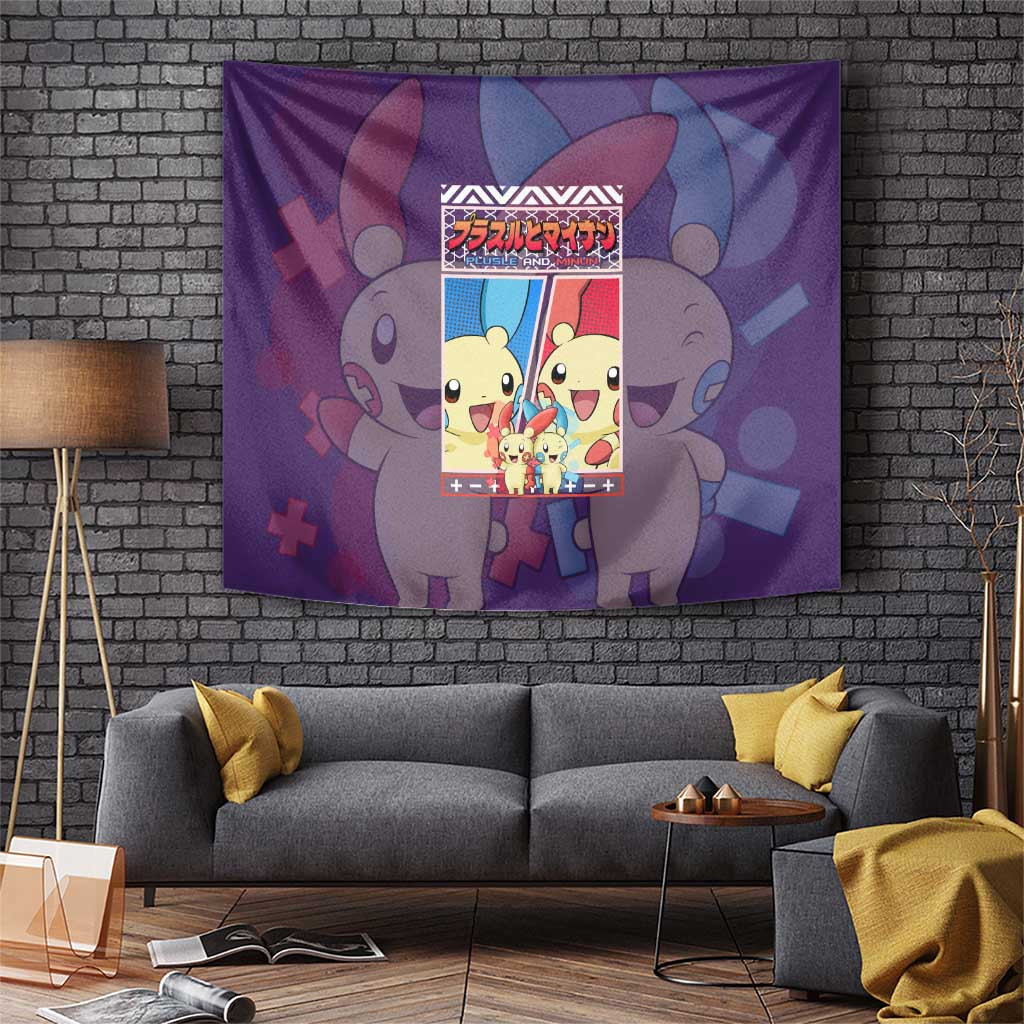 Poke Plusle And Minun Tapestry With Cute Electric Duo Design In Purple Theme