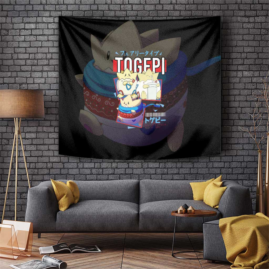 Poke Togepi Tapestry With Adorable Design In Black And Blue Color Scheme