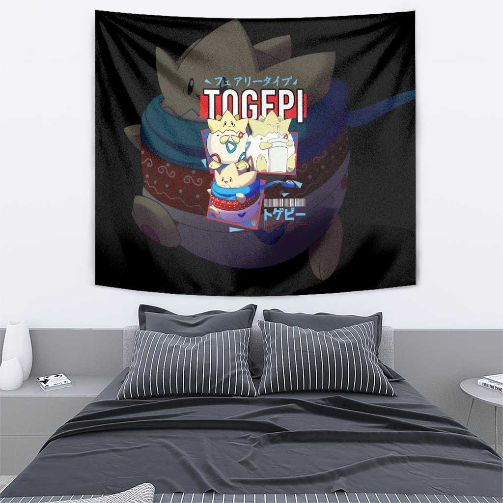 Poke Togepi Tapestry With Adorable Design In Black And Blue Color Scheme
