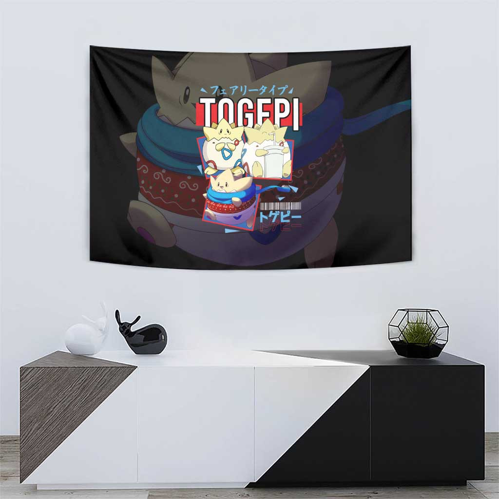 Poke Togepi Tapestry With Adorable Design In Black And Blue Color Scheme