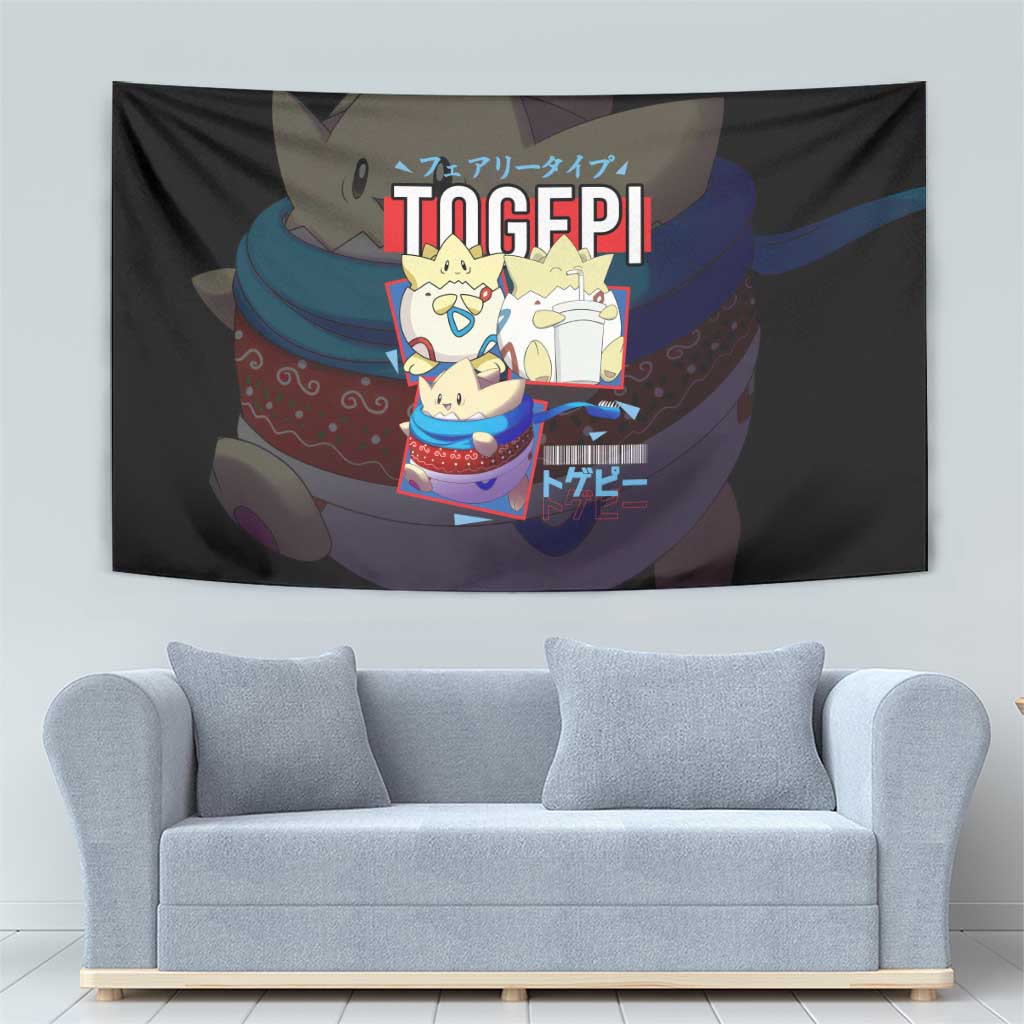 Poke Togepi Tapestry With Adorable Design In Black And Blue Color Scheme