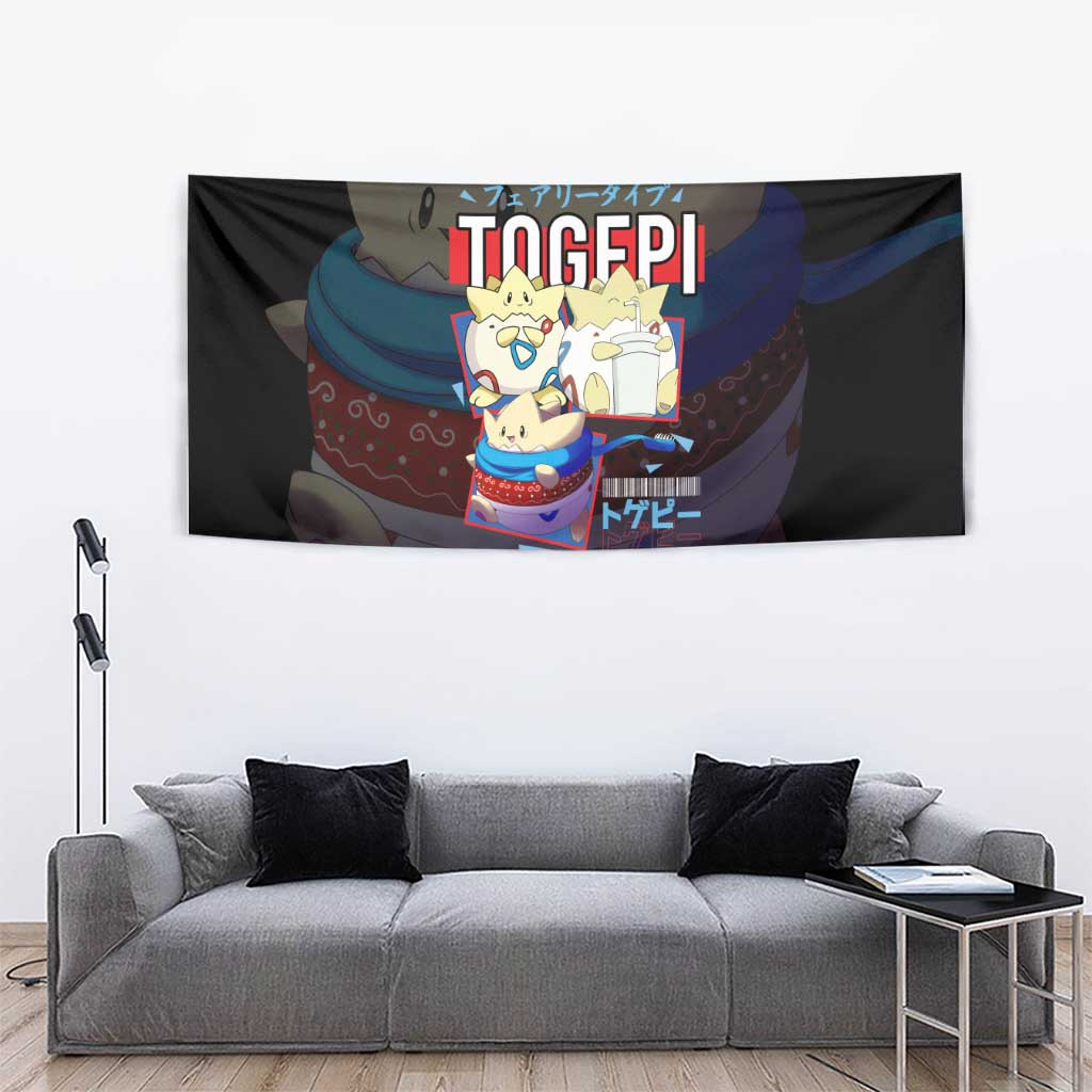 Poke Togepi Tapestry With Adorable Design In Black And Blue Color Scheme
