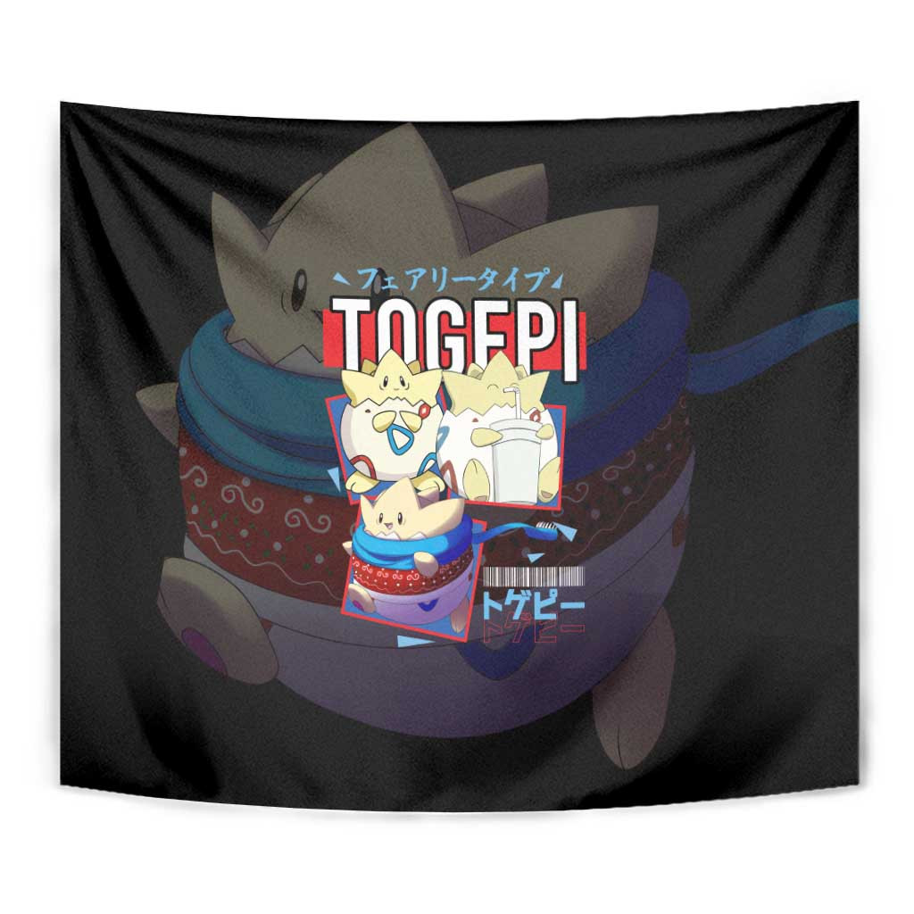 Poke Togepi Tapestry With Adorable Design In Black And Blue Color Scheme
