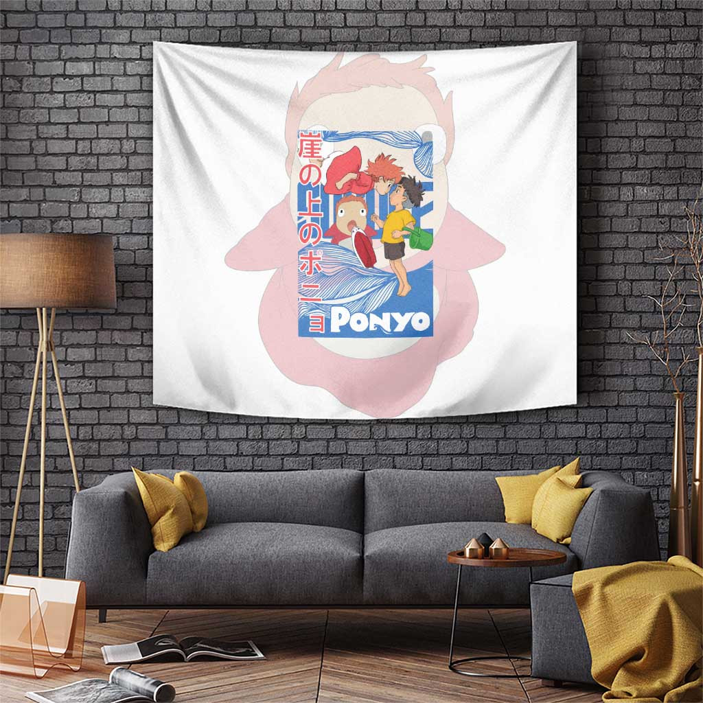 Ponyo On The Cliff By The Sea Tapestry With White And Blue Ocean Wave Design