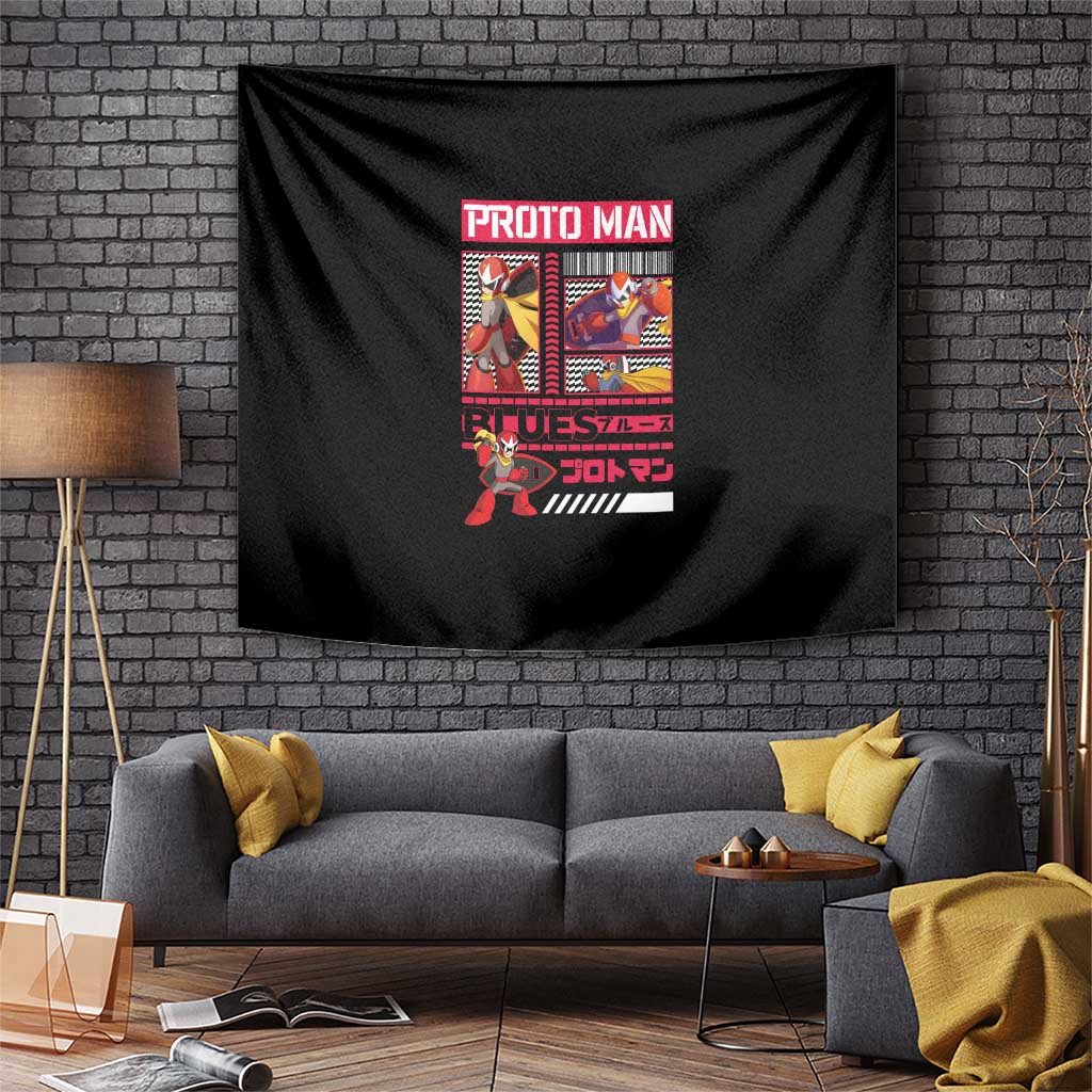 Proto Man Mega Man Tapestry Blues Character Design In Black And Yellow