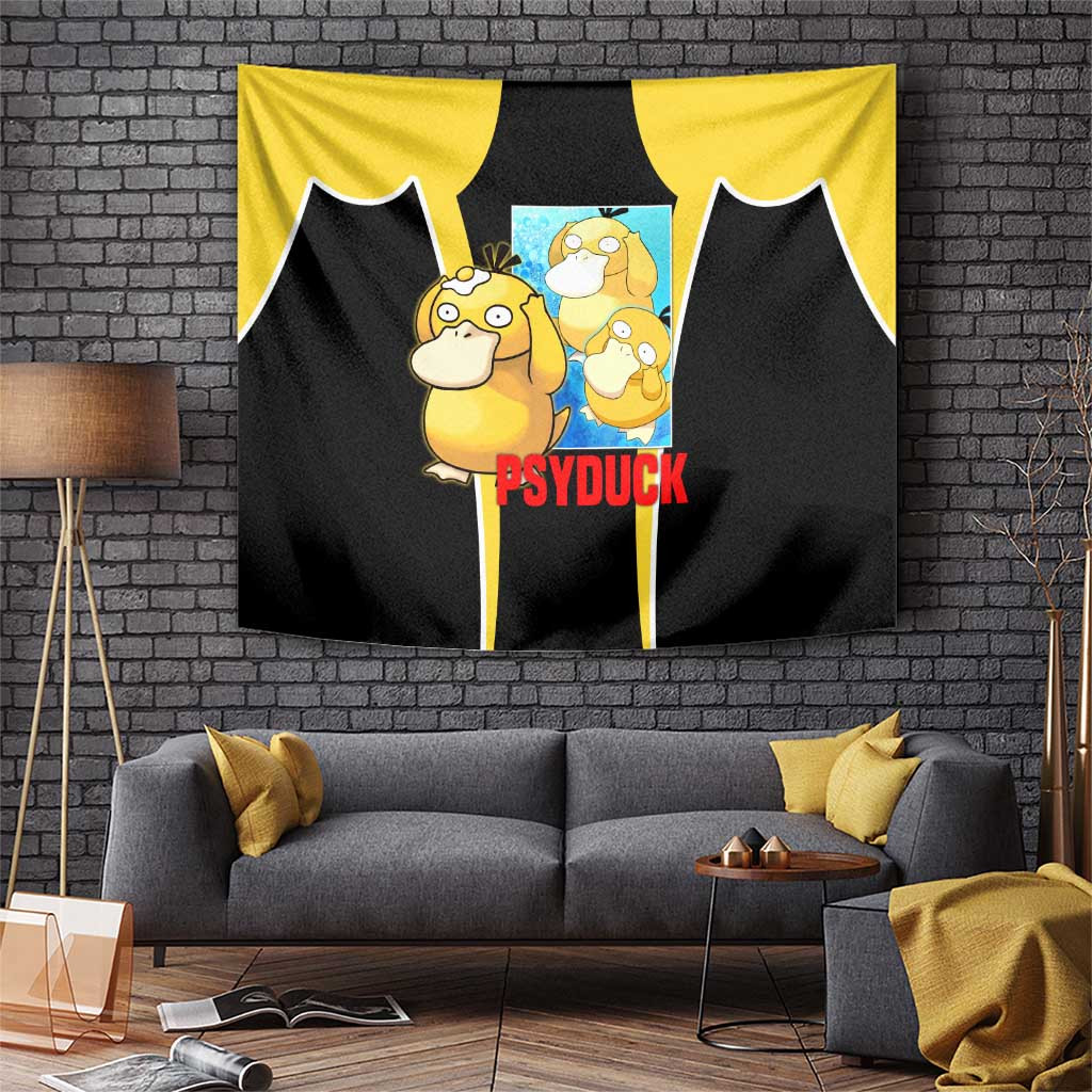 Psyduck Yellow And Black Anime Tapestry With Confused Expression And Pokball Accents