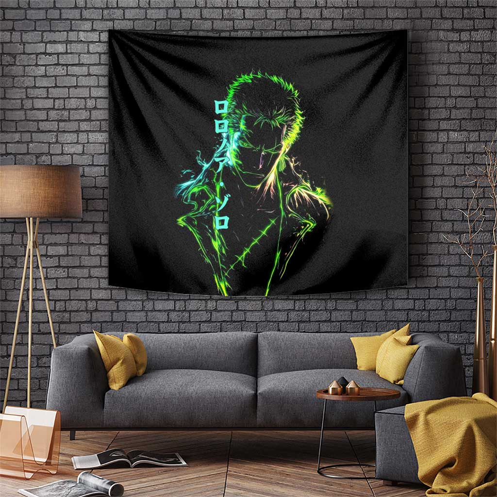 Roronoa Zoro From One Piece Tapestry Green Neon Silhouette With Three Swords Style