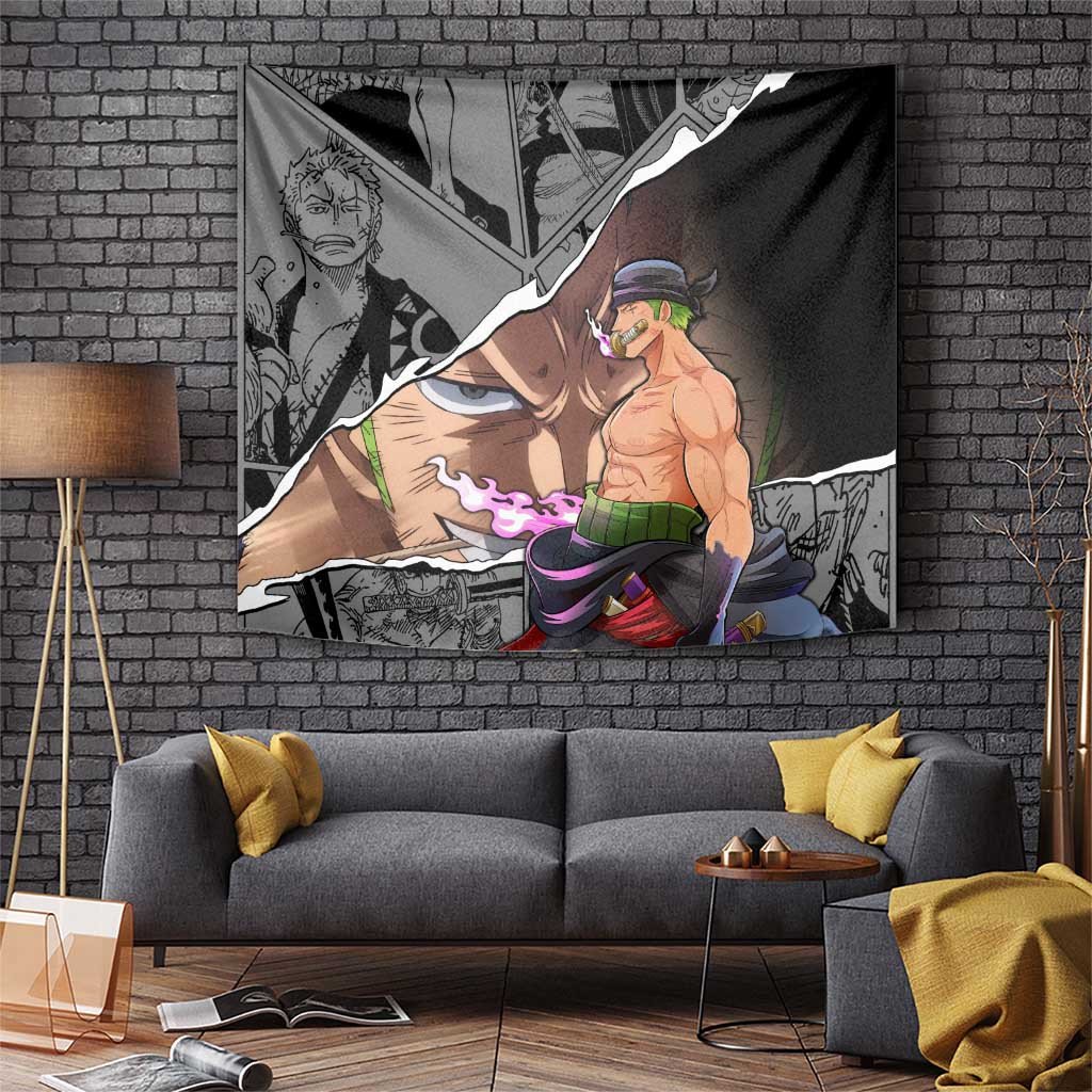 Roronoa Zoro One Piece Tapestry With Green Typography And Sword Aura Design