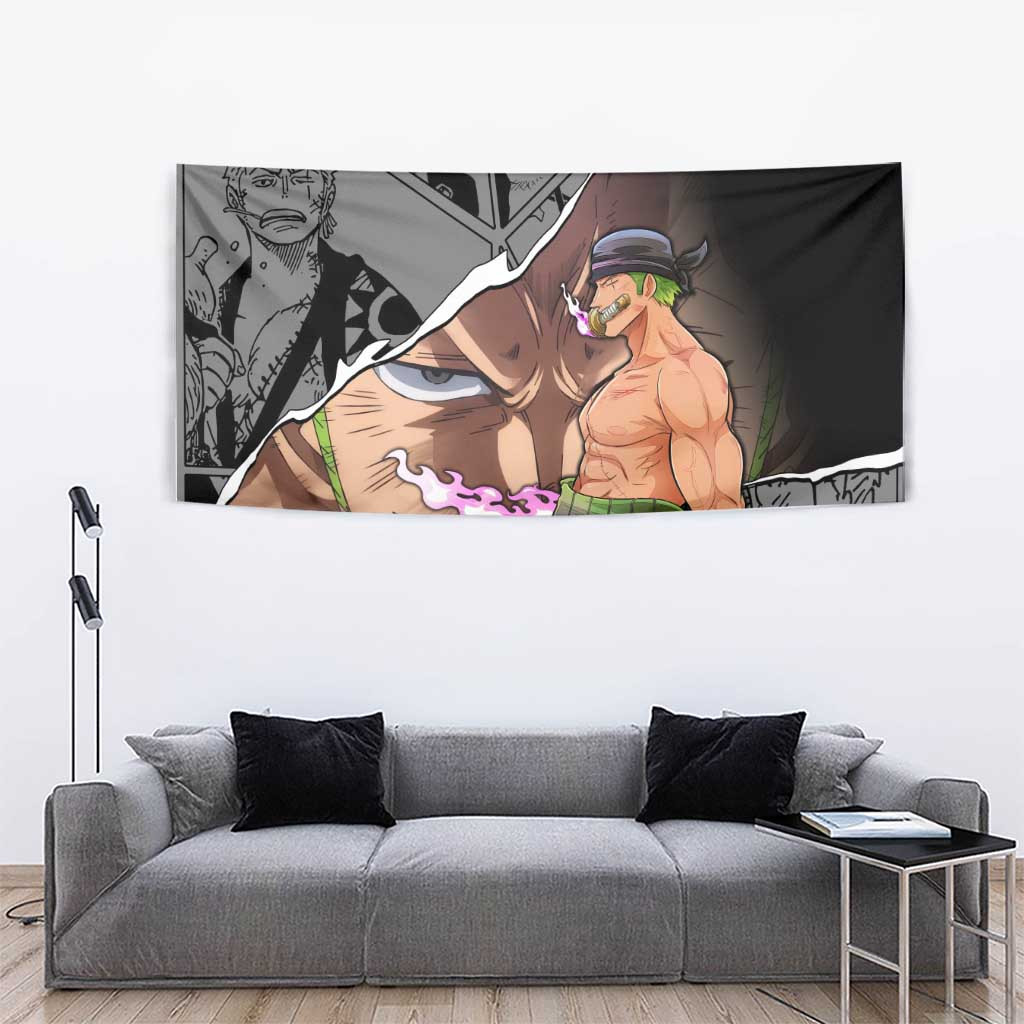 Roronoa Zoro One Piece Tapestry With Green Typography And Sword Aura Design