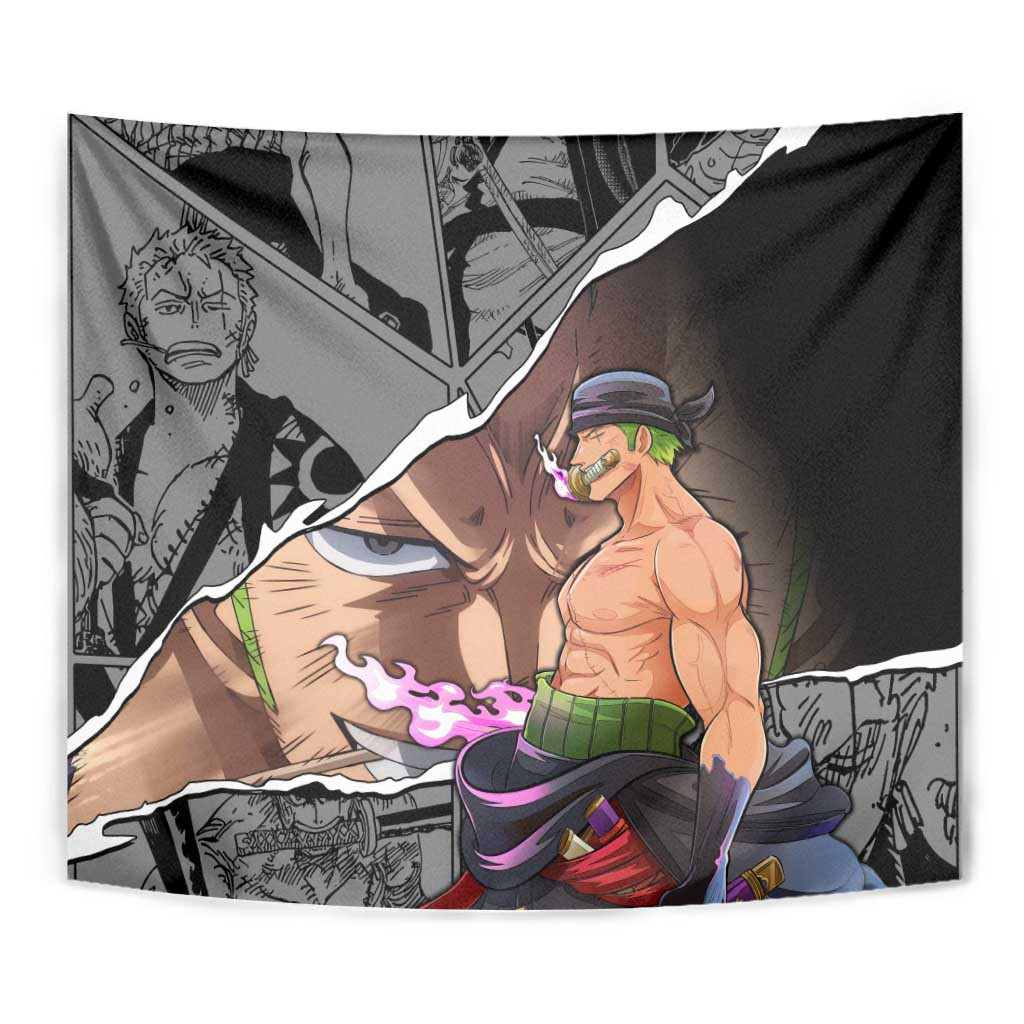 Roronoa Zoro One Piece Tapestry With Green Typography And Sword Aura Design