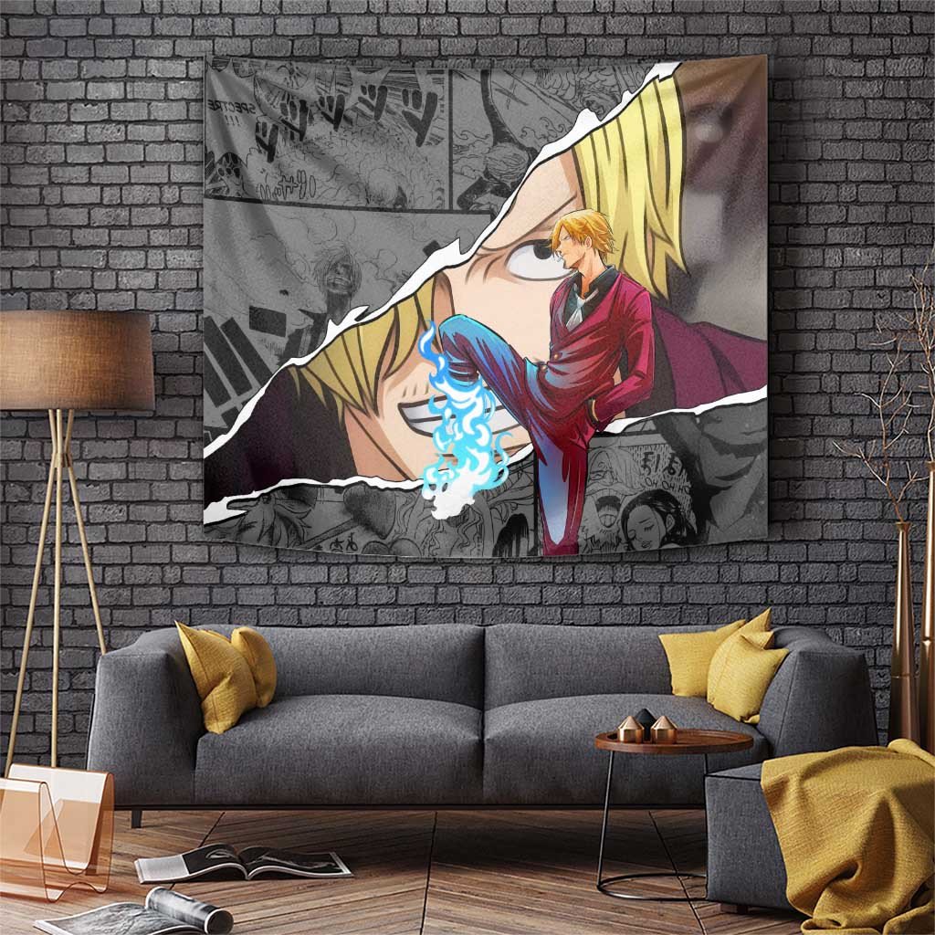 Sanji One Piece Tapestry With Manga Collage And Bold Yellow Lettering