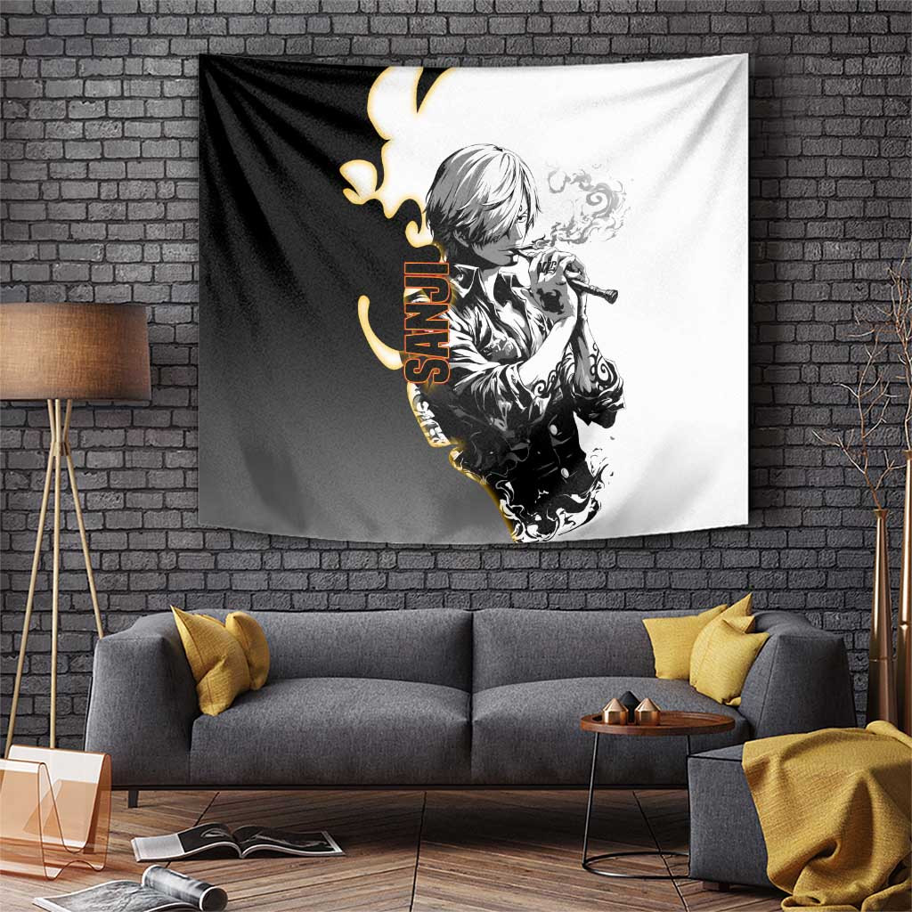 Sanji One Piece Tapestry With Monochrome Black Gold Kick Fighter Manga Style