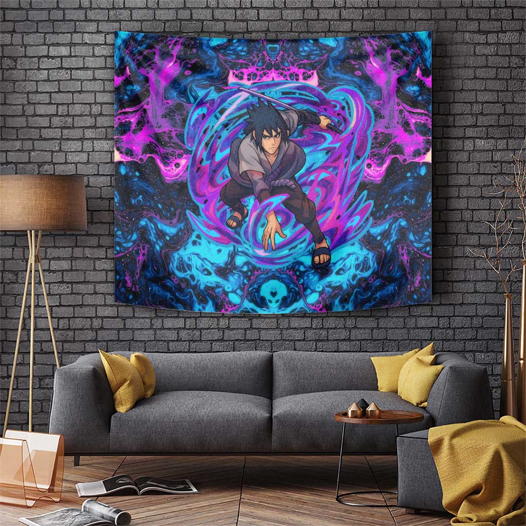 Sasuke Uchiha Naruto Shippuden Tapestry With Blue Electric Aura And Dark Amethyst Storm