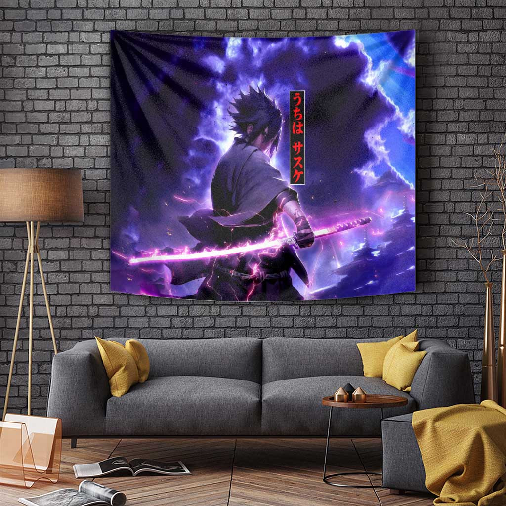 Sasuke Uchiha Naruto Tapestry Purple Lightning Sword Sharingan Design
