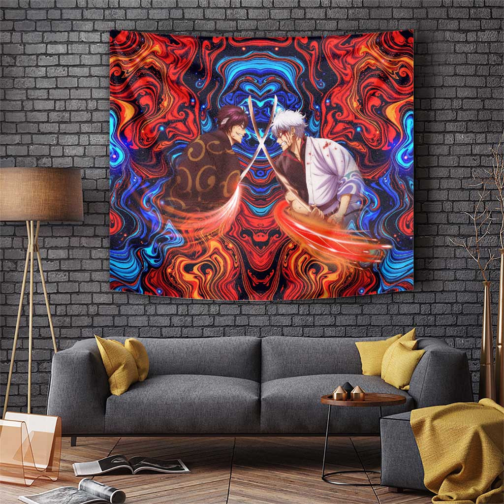 Shinsuke Takasugi Vs Gintoki Sakata Gintama Tapestry With Fiery Sword Clash Energy