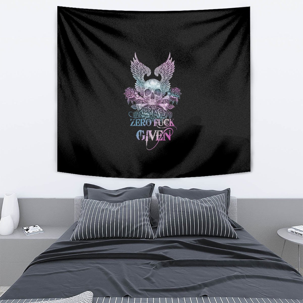 Skull Wings Roses Zero Fuck Given Tapestry