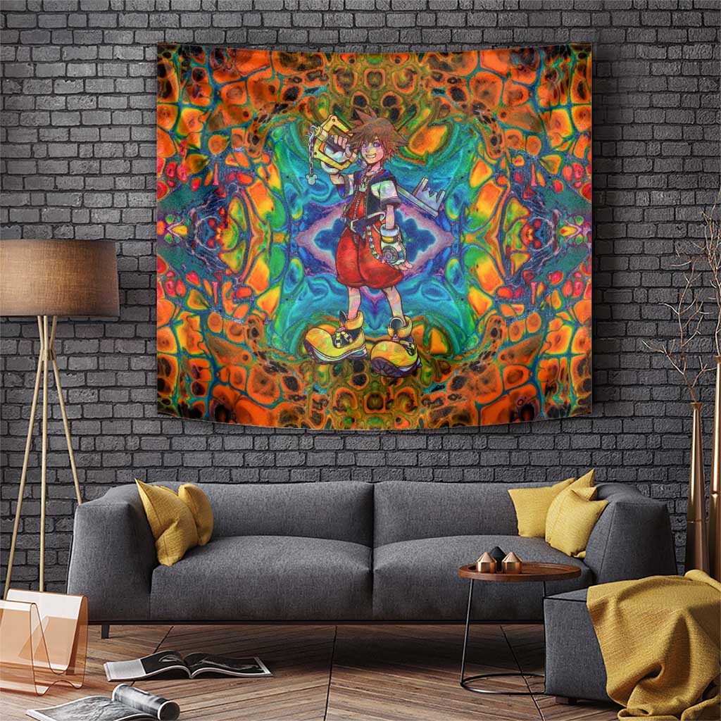 Sora Kingdom Hearts Keyblade Wielder Tapestry In Dreamlike Realm Anime Mix Trippy Style