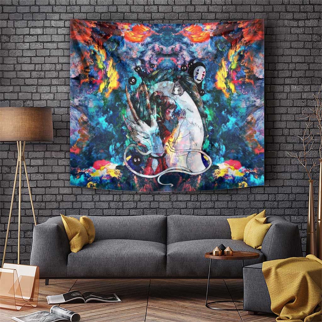 Spirited Away Haku And Chihiro Tapestry With Neon Cloudscape Fantasy Glow